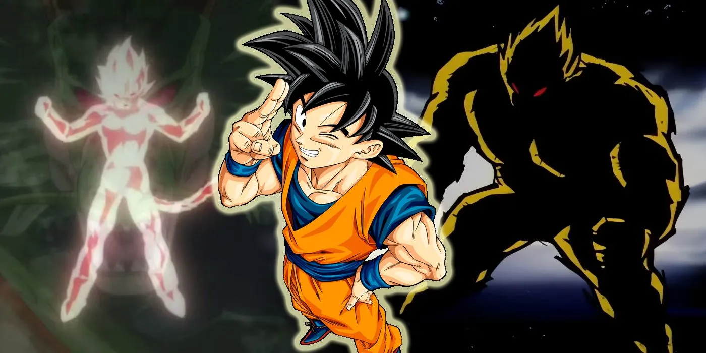 Dragon Ball: Goku in front of two representations of Yamoshi, the original Super Saiyan. Dragon Ball: Goku in front of two representations of Yamoshi, the original Super Saiyan.