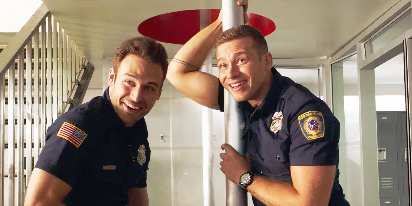 Eddie and Buck smiling in 9-1-1 season 2, episode 4 Eddie and Buck smiling in 9-1-1 season 2, episode 4