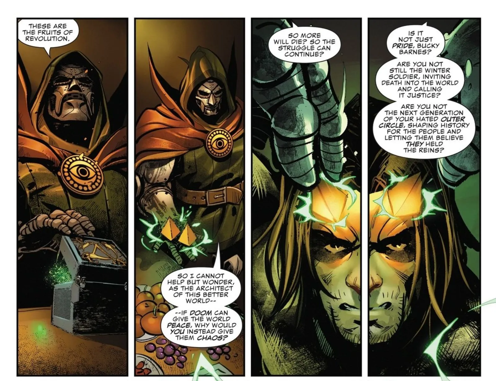 Doctor Doom speaks down to a chained up Bucky Barnes Winter Soldier