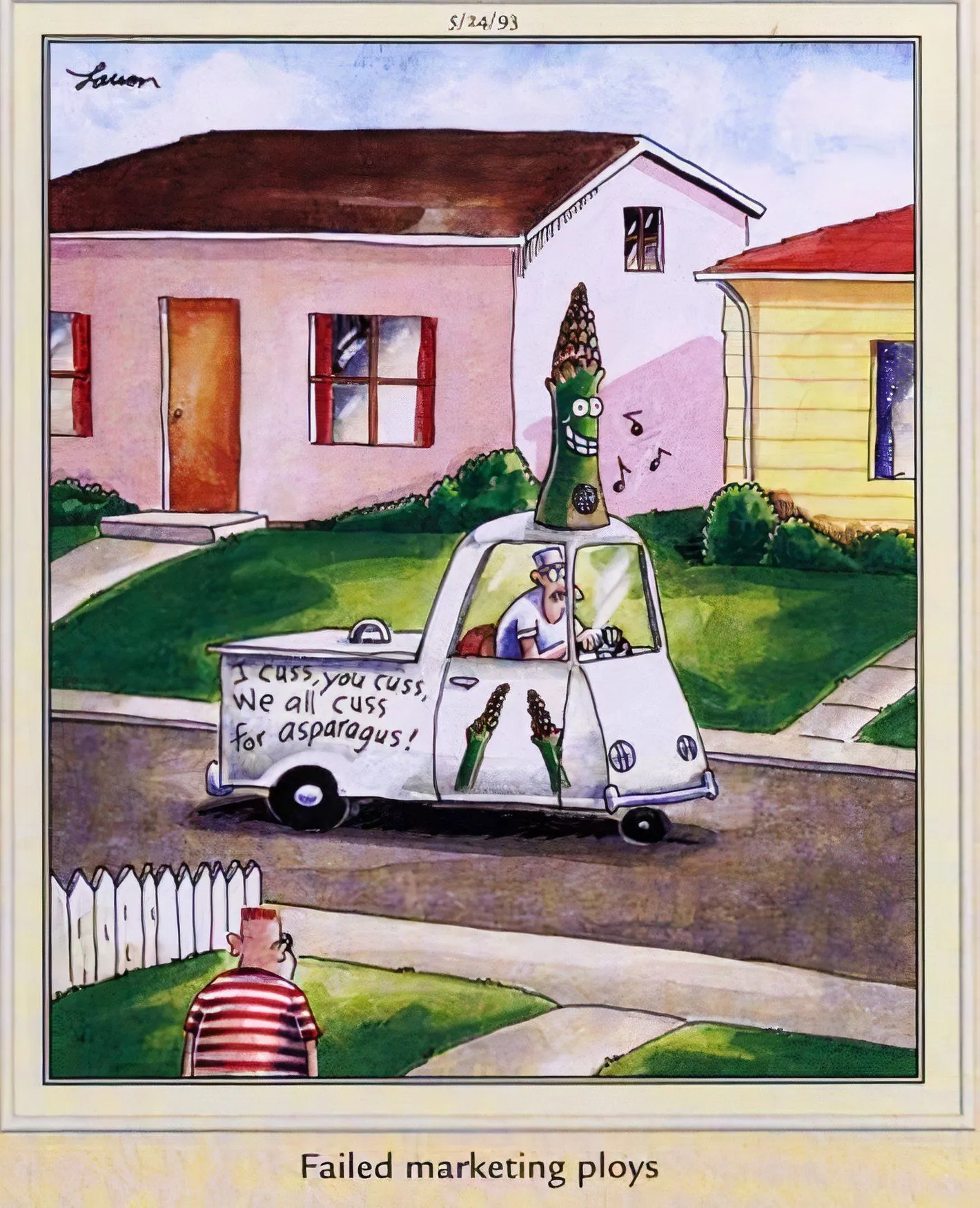 Far Side, asparagus truck, captioned 'failed marketing ploys' Far Side, asparagus truck, captioned 'failed marketing ploys'