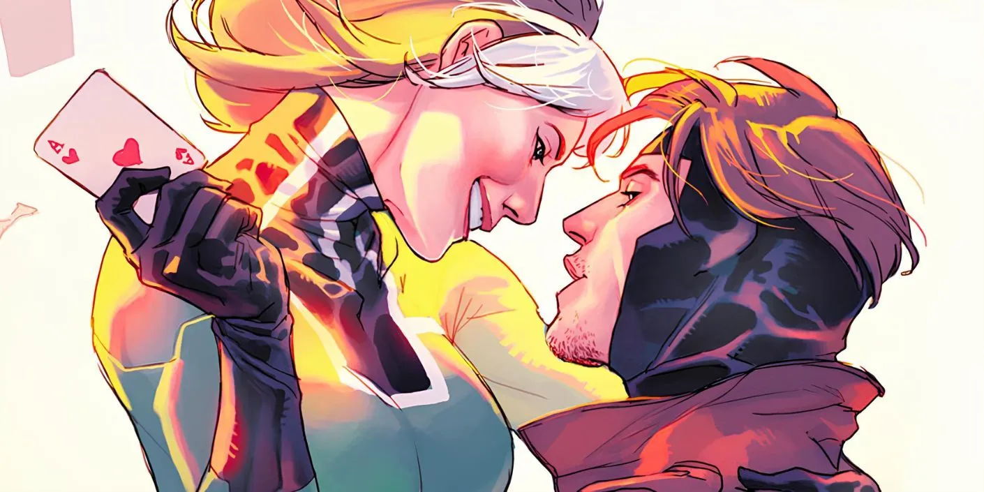 Rogue and Gambit holding one another