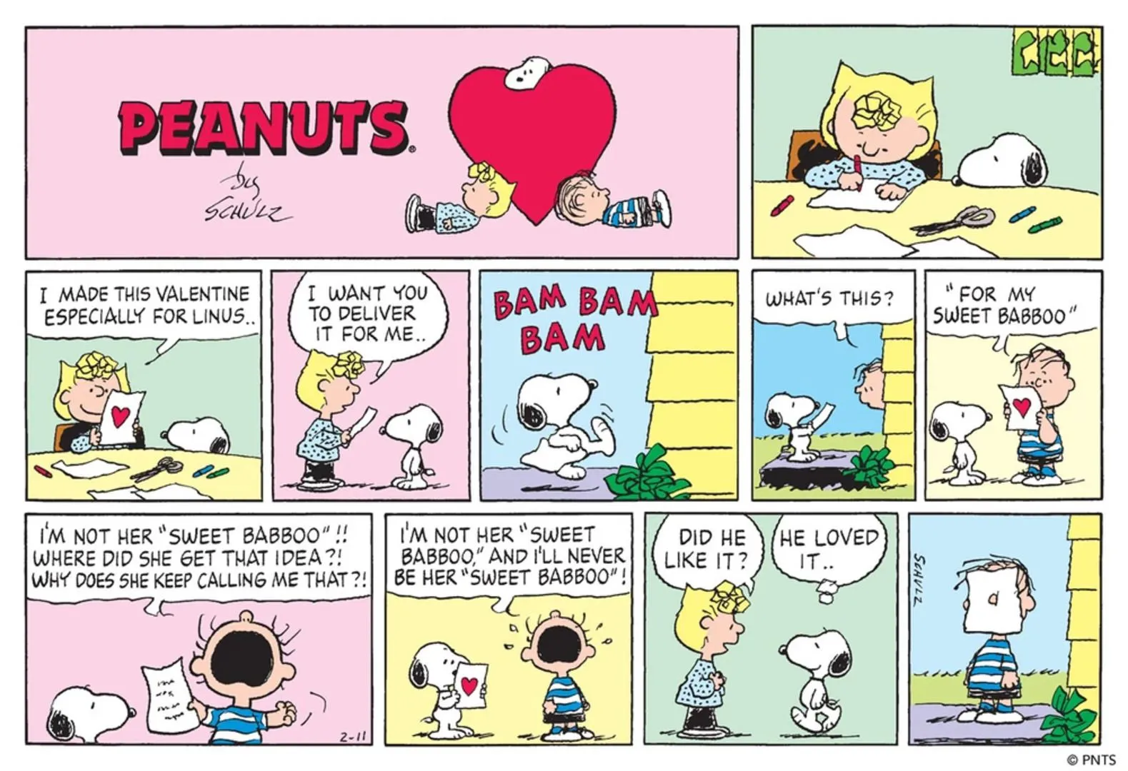 Snoopy delivers a Valentine from Sally to Linus, and claims he loved it upon reporting back to her.
