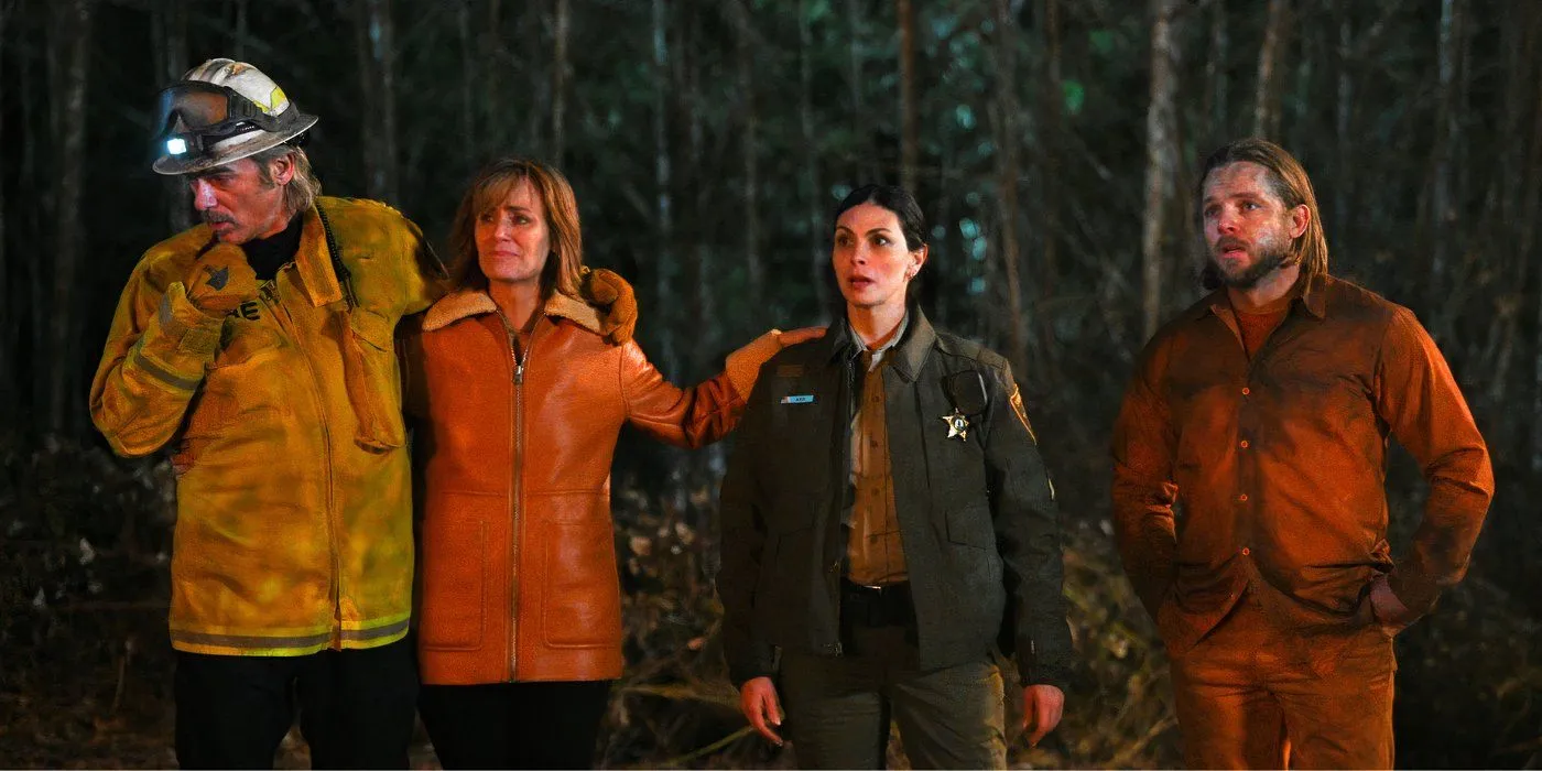 Billy Burke, Diane Farr, Morena Baccarin, and Max Thieriot standing together watching a fire on Fire Country