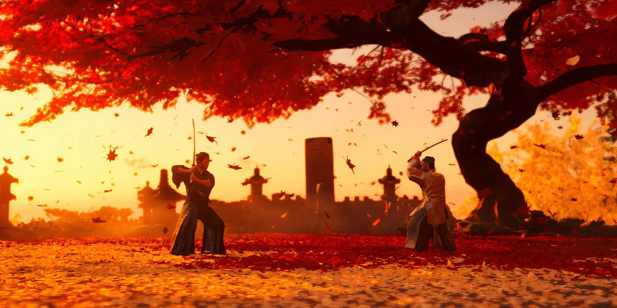 Jin and Shimura prepare to duel in Ghost of Tsushima's family graveyard Jin and Shimura prepare to duel in Ghost of Tsushima's family graveyard