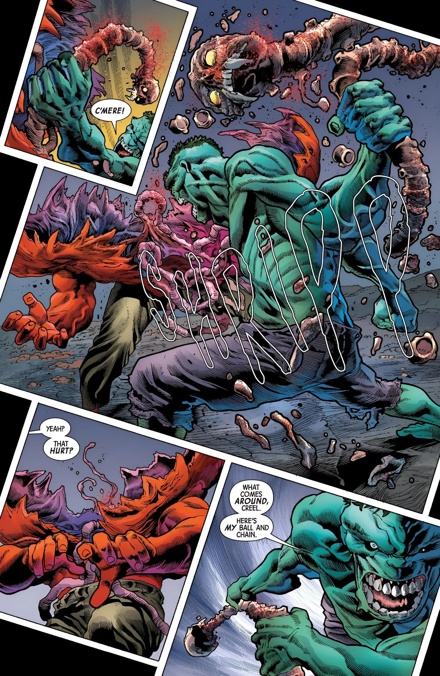 Hulk rips Absorbing Man's spine out Hulk rips Absorbing Man's spine out