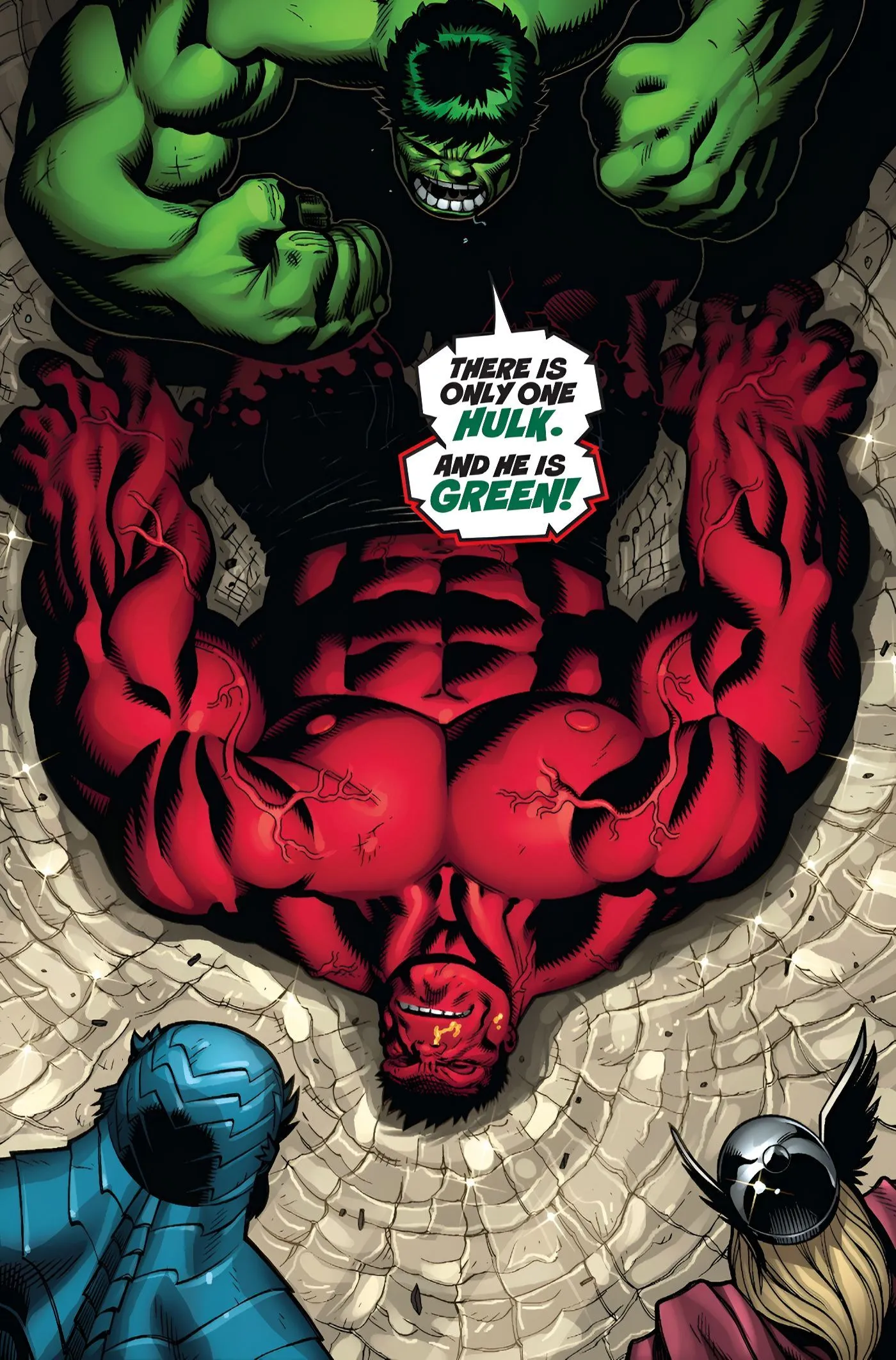 Hulk, A-Bomb, and Thor look down at the Red Hulk Hulk, A-Bomb, and Thor look down at the Red Hulk