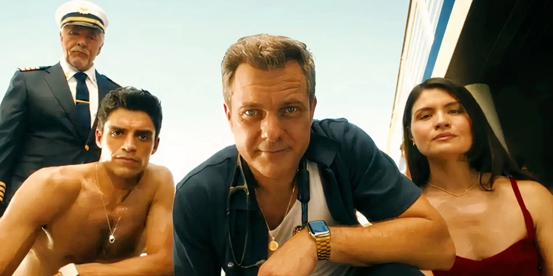 Joshua Jackson, Phillipa Soo, Don Johnson, Sean Teale in contemplative poses in Doctor Odyssey