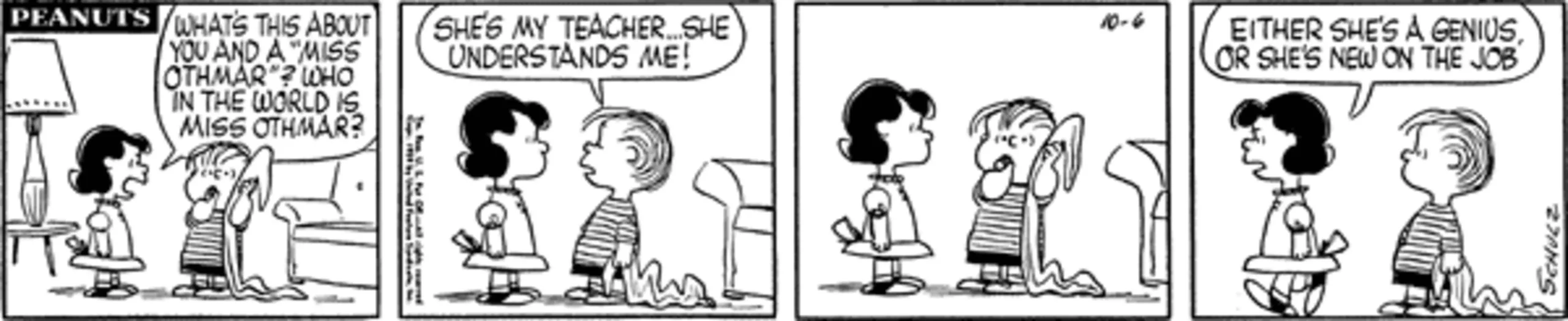 Peanuts strip: Lucy and Linus talking about Miss Othmar.