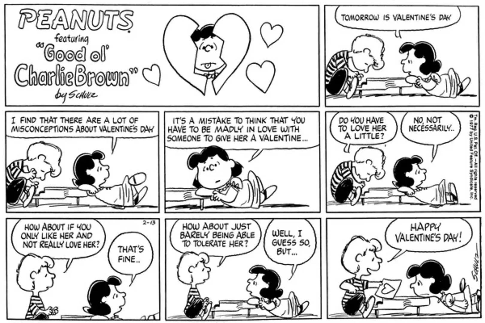 Schroeder giving Lucy a valentine card.