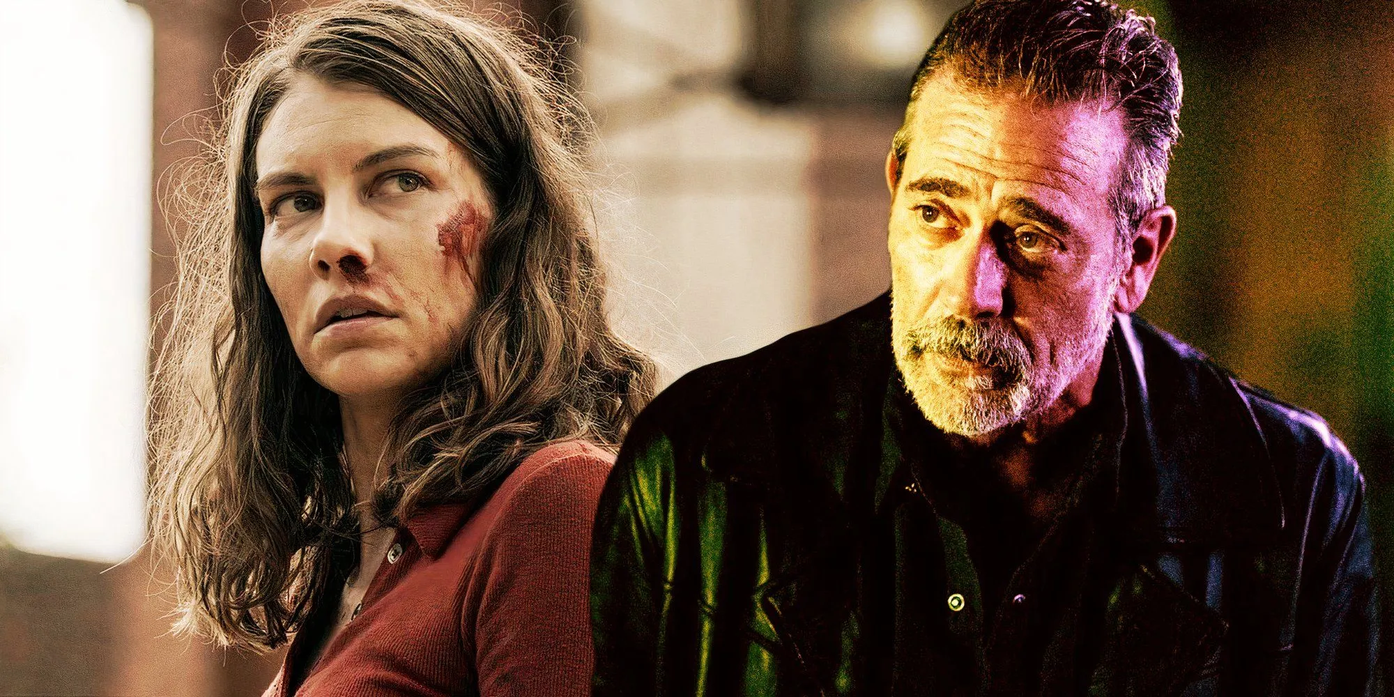 Lauren Cohan as Maggie Rhee in The Walking Dead and Jeffrey Dean Morgan as Negan in Dead City Lauren Cohan as Maggie Rhee in The Walking Dead and Jeffrey Dean Morgan as Negan in Dead City