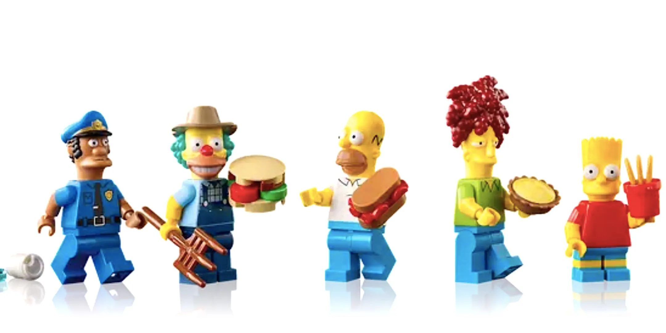LEGO versions of Officer Lou, Krusty, Homer, Sideshow Bob, and Bart from The Simpsons