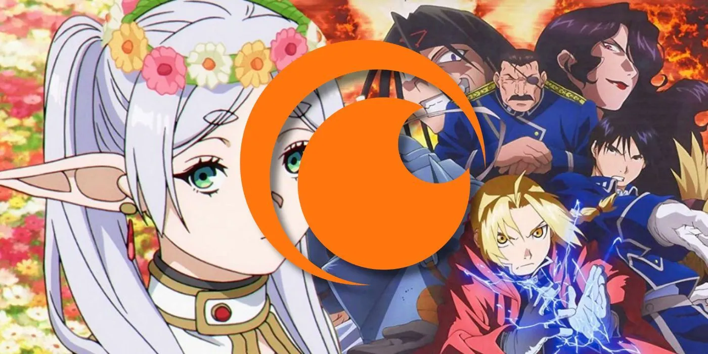 Frieren: Beyond Journey's End and Fullmetal Alchemist: Brotherhood posters behind the Crunchyroll logo Frieren: Beyond Journey's End and Fullmetal Alchemist: Brotherhood posters behind the Crunchyroll logo