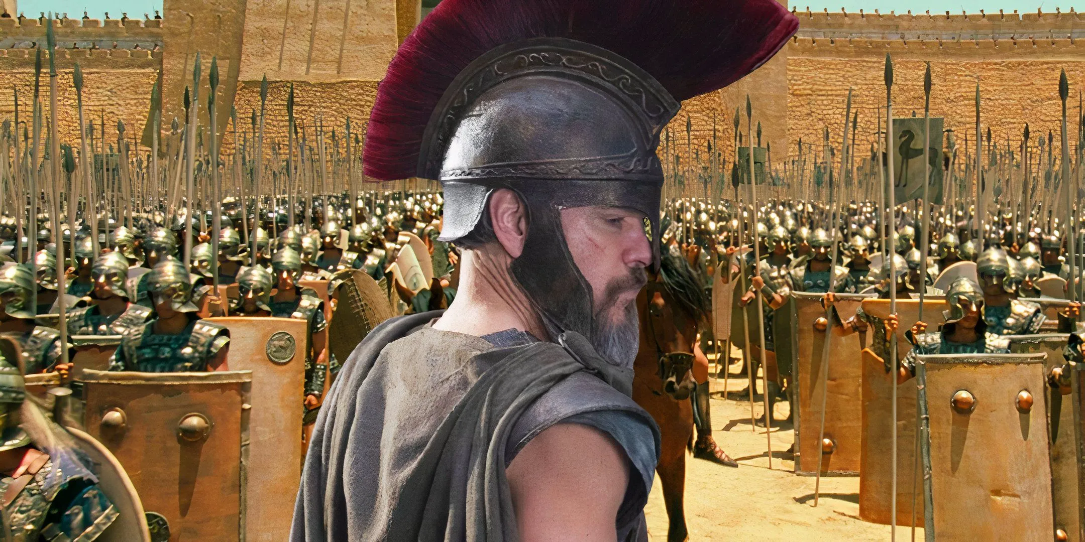 Matt Damon in The Odyssey juxtaposed with an army in Troy