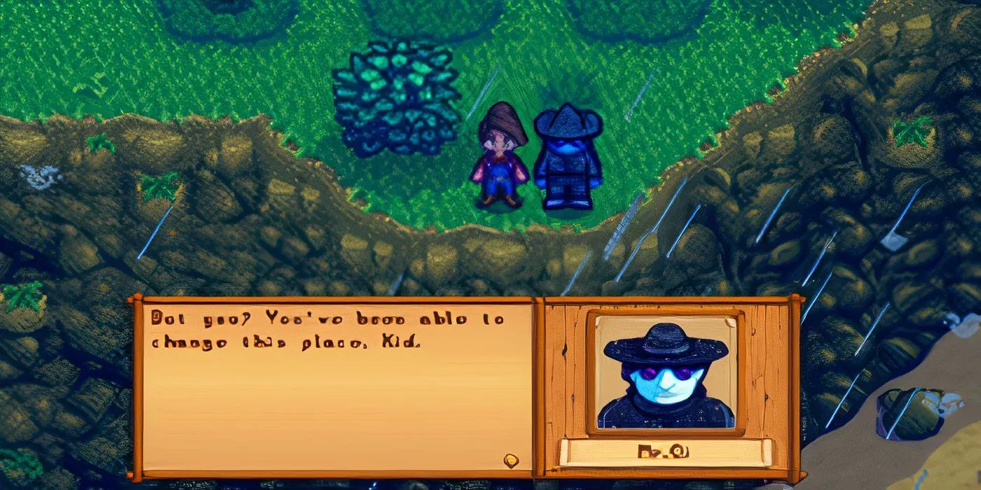 Player with Mr. Qi in Stardew Valley Player with Mr. Qi in Stardew Valley