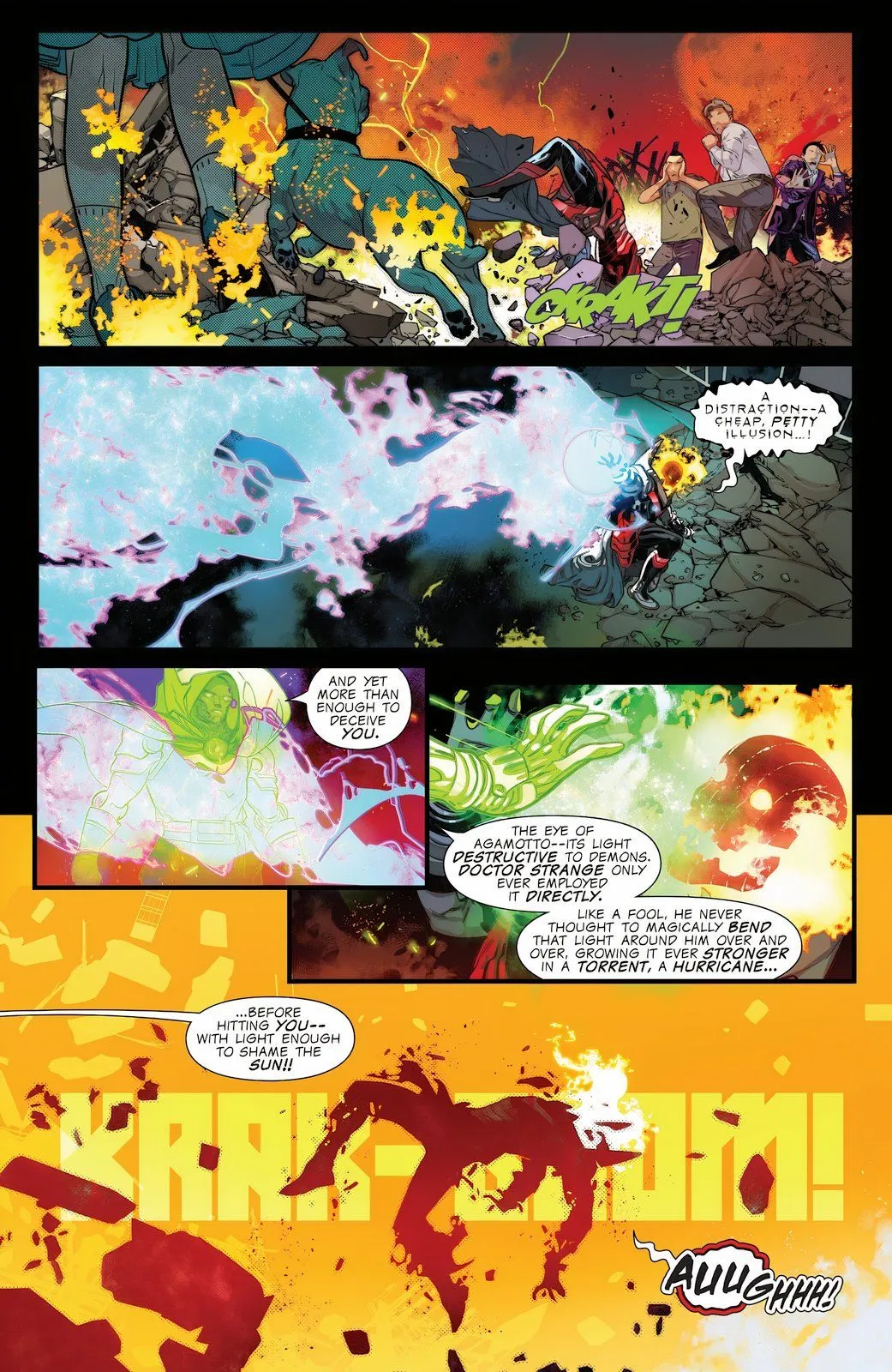 Doom uses the Eye of Agamotto against Dormammu in battle Doom uses the Eye of Agamotto against Dormammu in battle