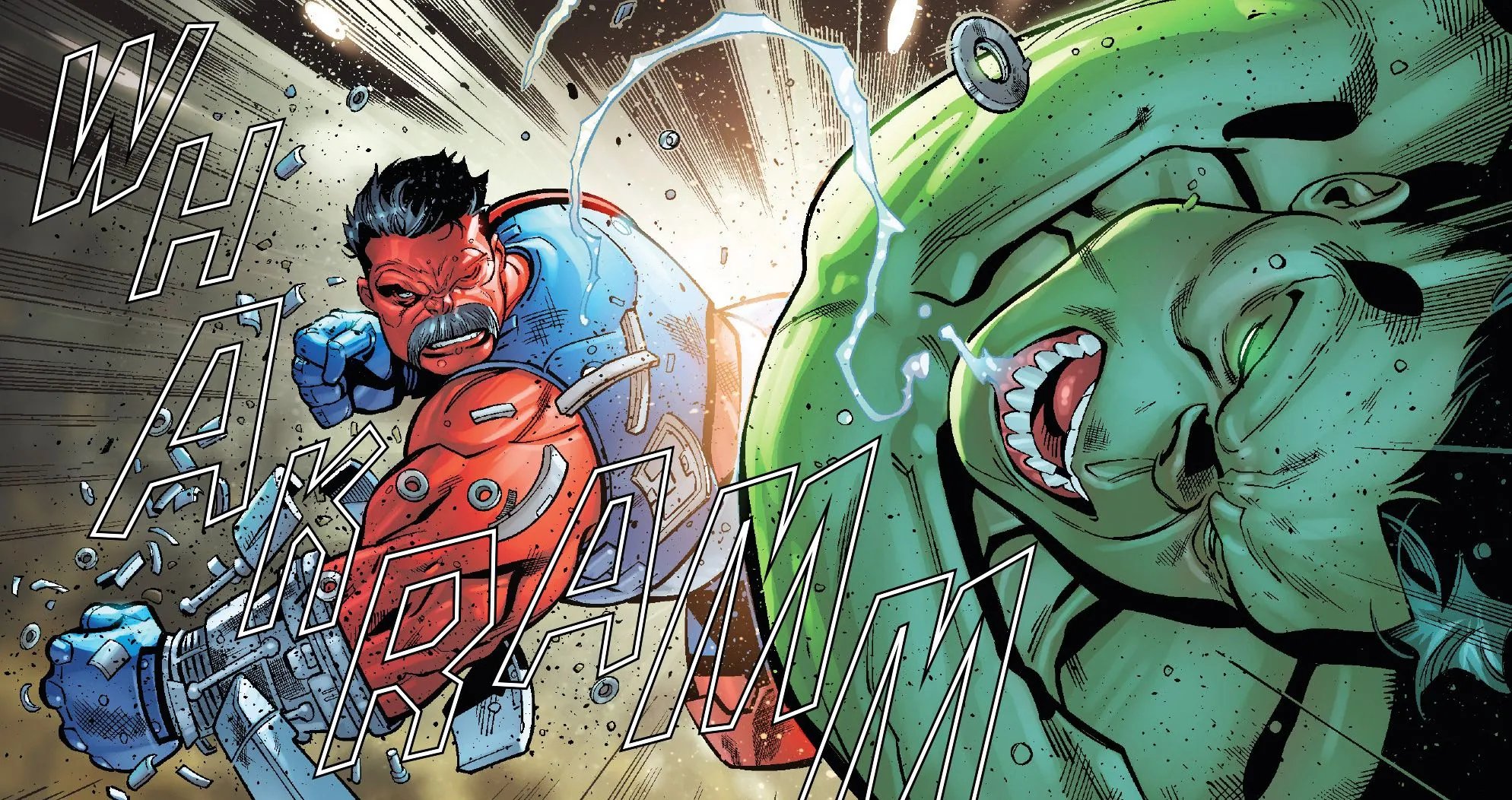 Red Iron Hulk Punching Hulk in Avengers Comic Art