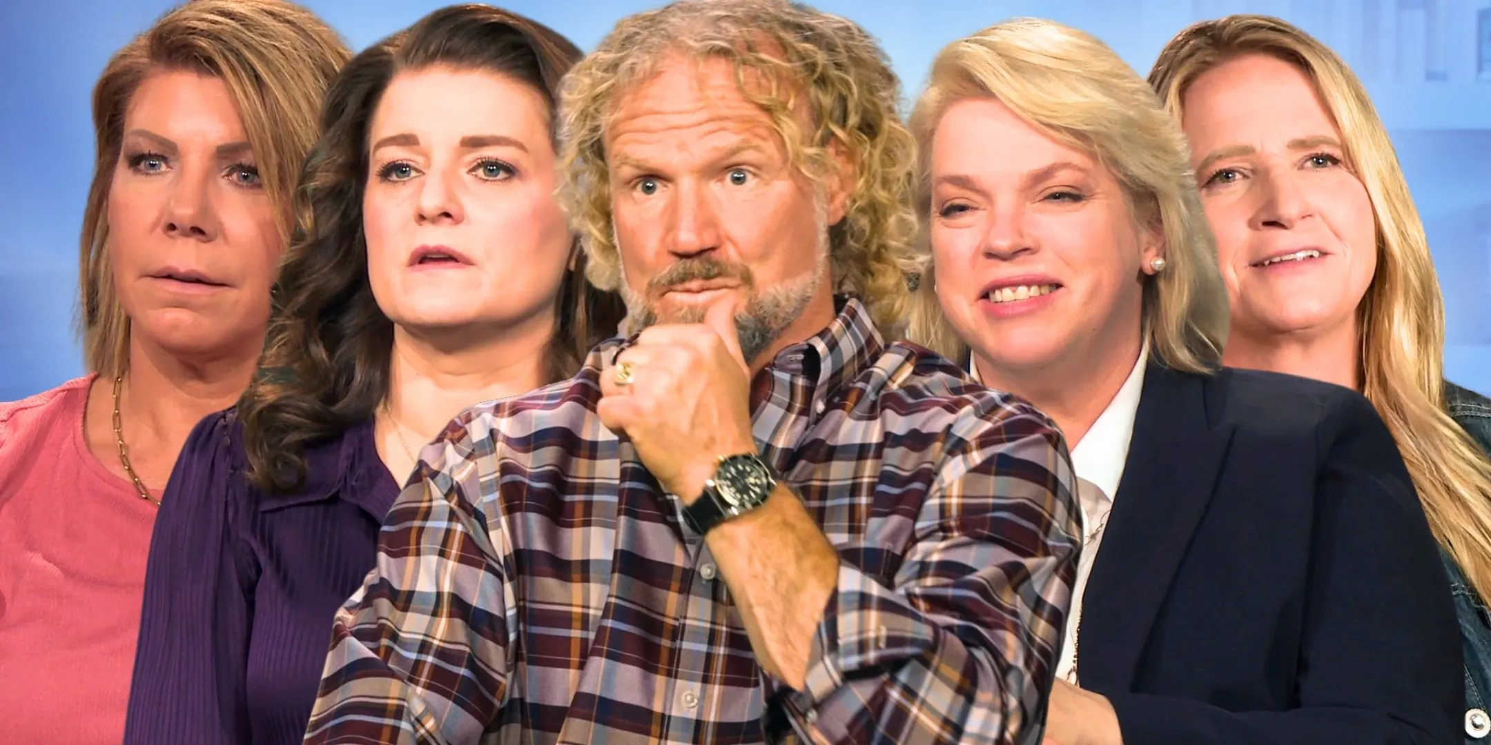 Sister Wives Brown Family Montage including Meri Brown, Robyn Brown, Kody Brown, Janelle Brown, and Christine Brown with Kody at center