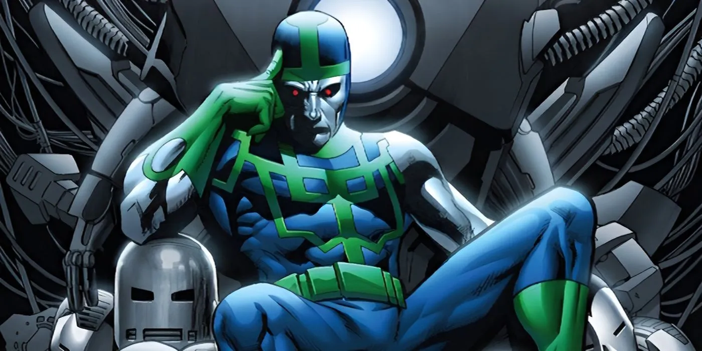 A Rigellian sits on a pile of Iron Man armor