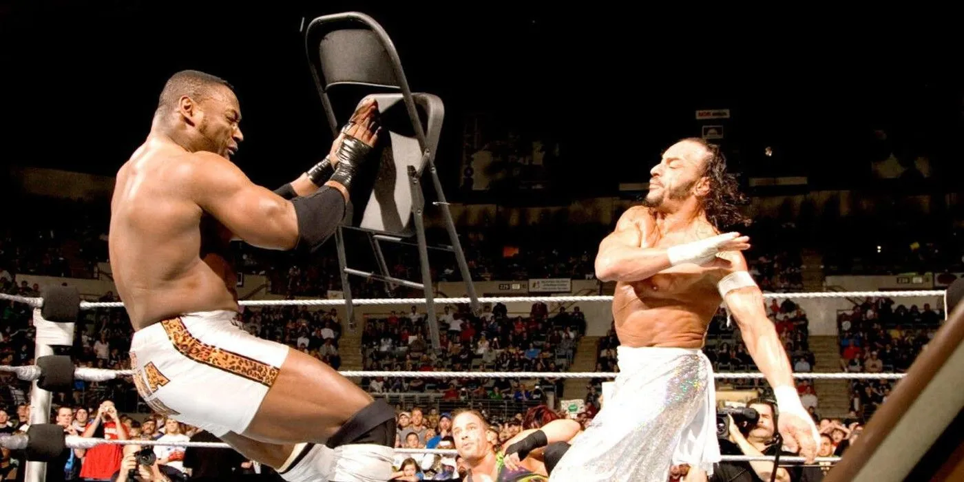 Rob Van Dam watches Sabu throw a steel chair at Monty Brown Marcus Cor Von in an Extreme Rules match on WWE ECW Rob Van Dam watches Sabu throw a steel chair at Monty Brown Marcus Cor Von in an Extreme Rules match on WWE ECW