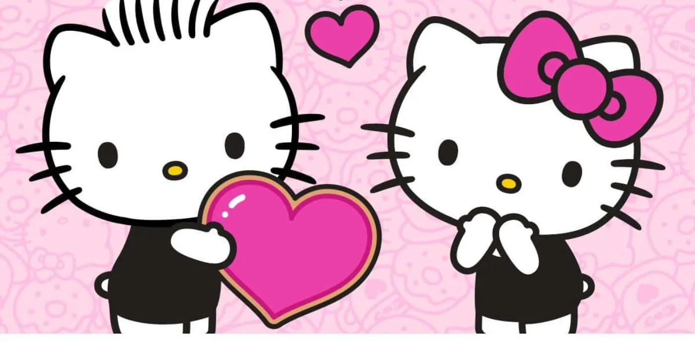 Sanrio - Hello Kitty and Dear Daniel holding a big heart with a pink donut background Sanrio - Hello Kitty and Dear Daniel holding a big heart with a pink donut background