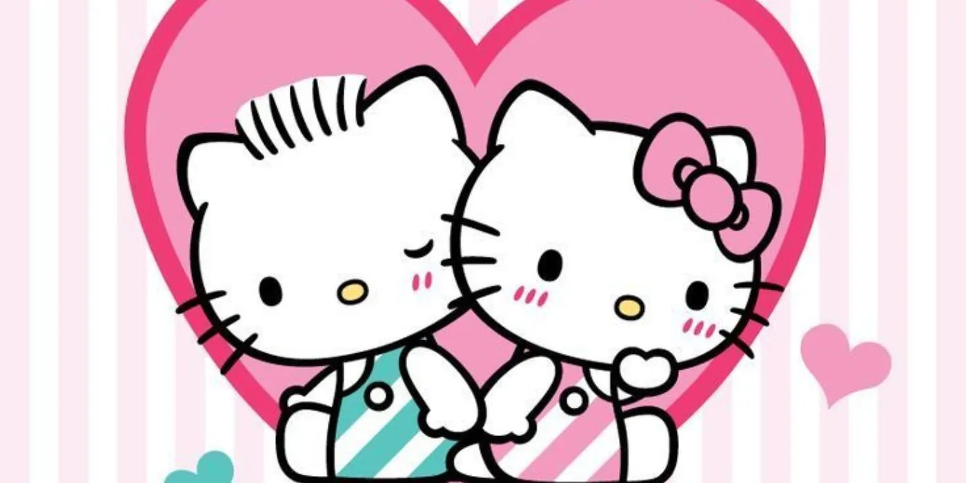 Sanrio - Hello Kitty and Dear Daniel sitting in a heart with a pink and white background Sanrio - Hello Kitty and Dear Daniel sitting in a heart with a pink and white background