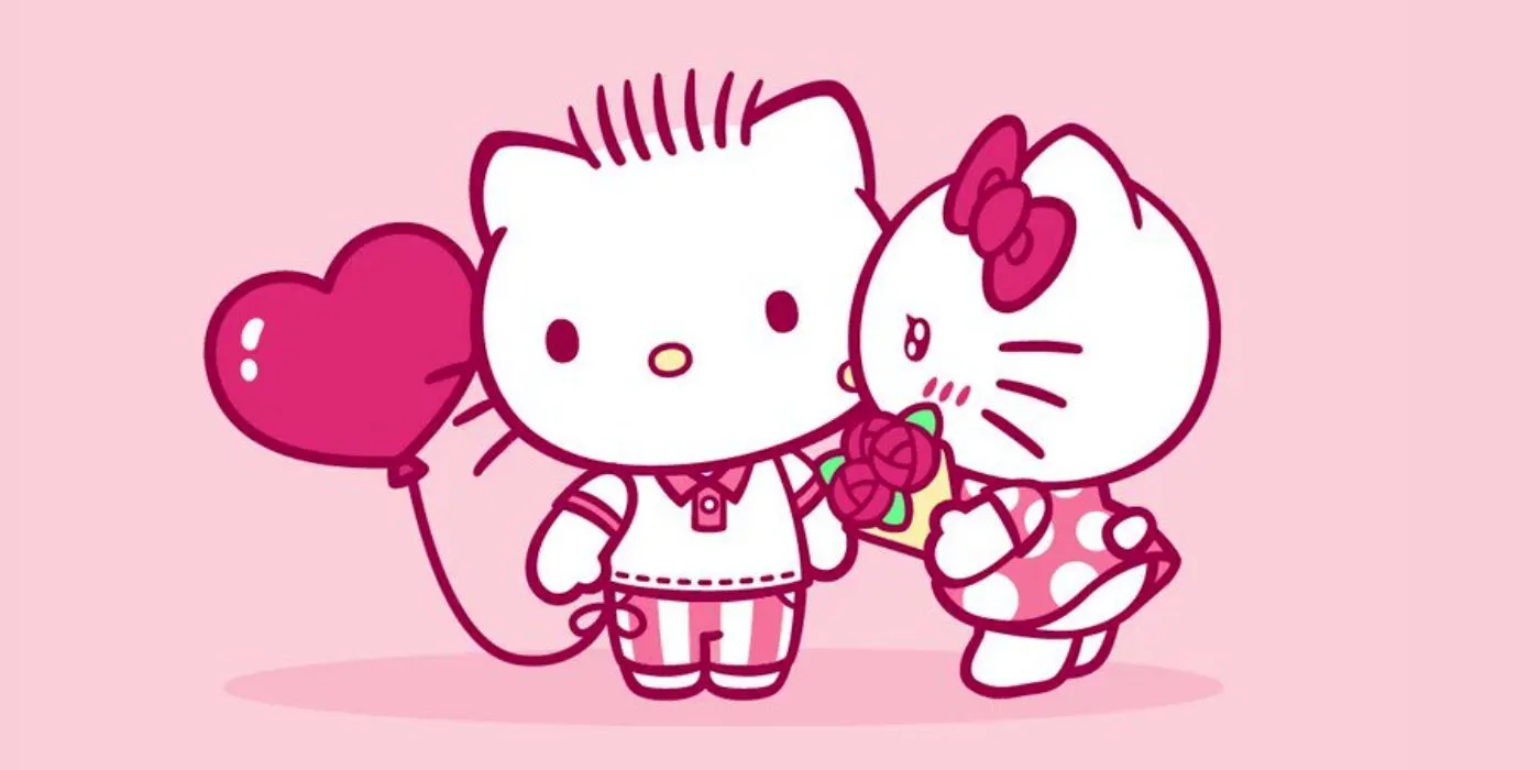 Sanrio - Hello Kitty and Dear Daniel whispering together and holding a heart balloon Sanrio - Hello Kitty and Dear Daniel whispering together and holding a heart balloon
