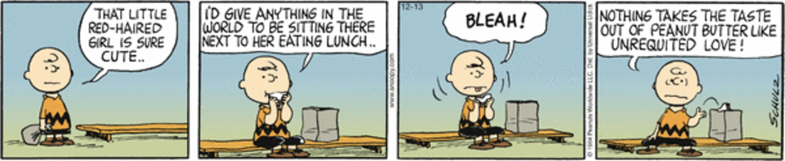 Peanuts strip: Charlie Brown eating lunch alone.
