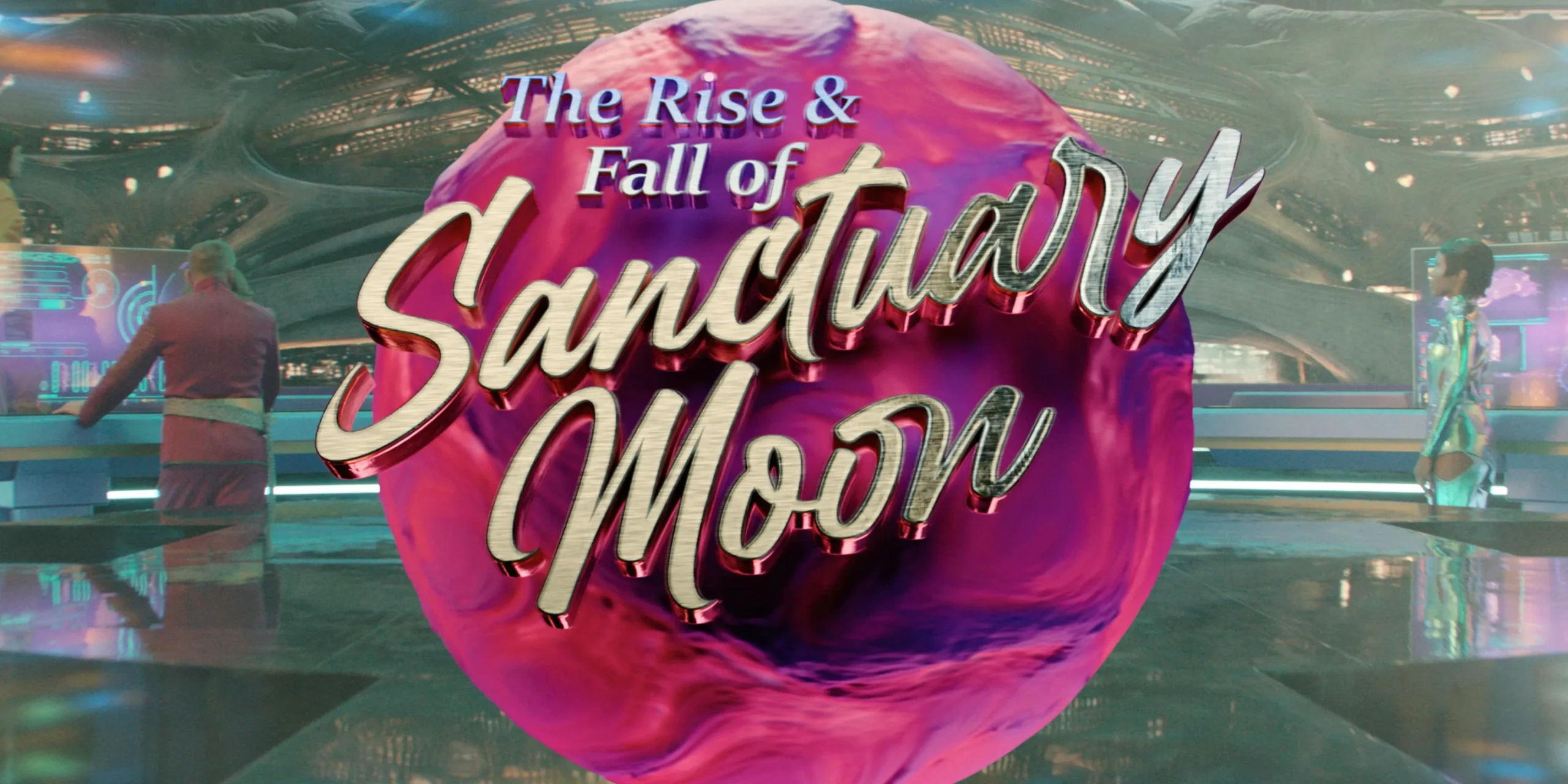 A title card for The Rise & Fall of Sanctuary Moon in Murderbot season 1, episode 1