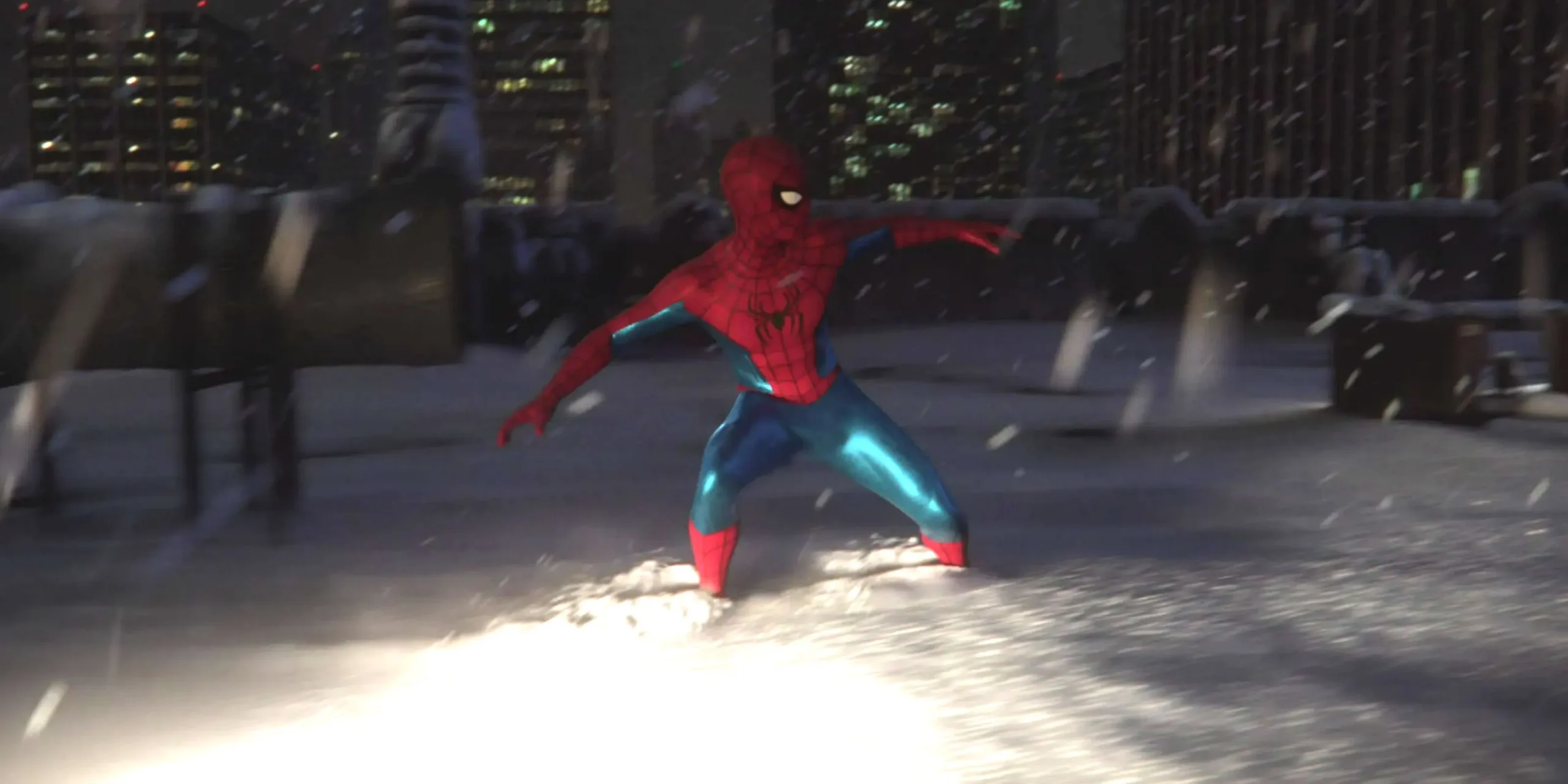 Spider-Man sliding through the snow