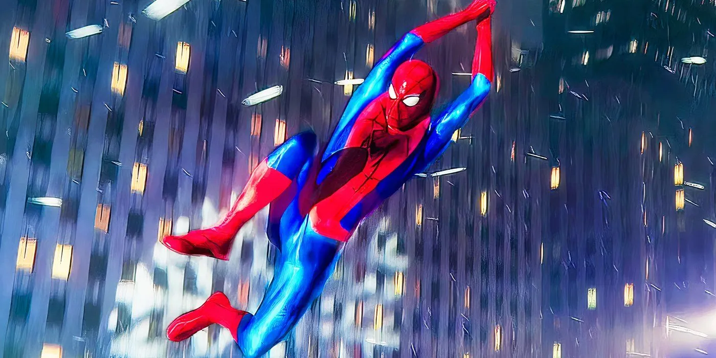 Spider-Man swinging through New York in the snow