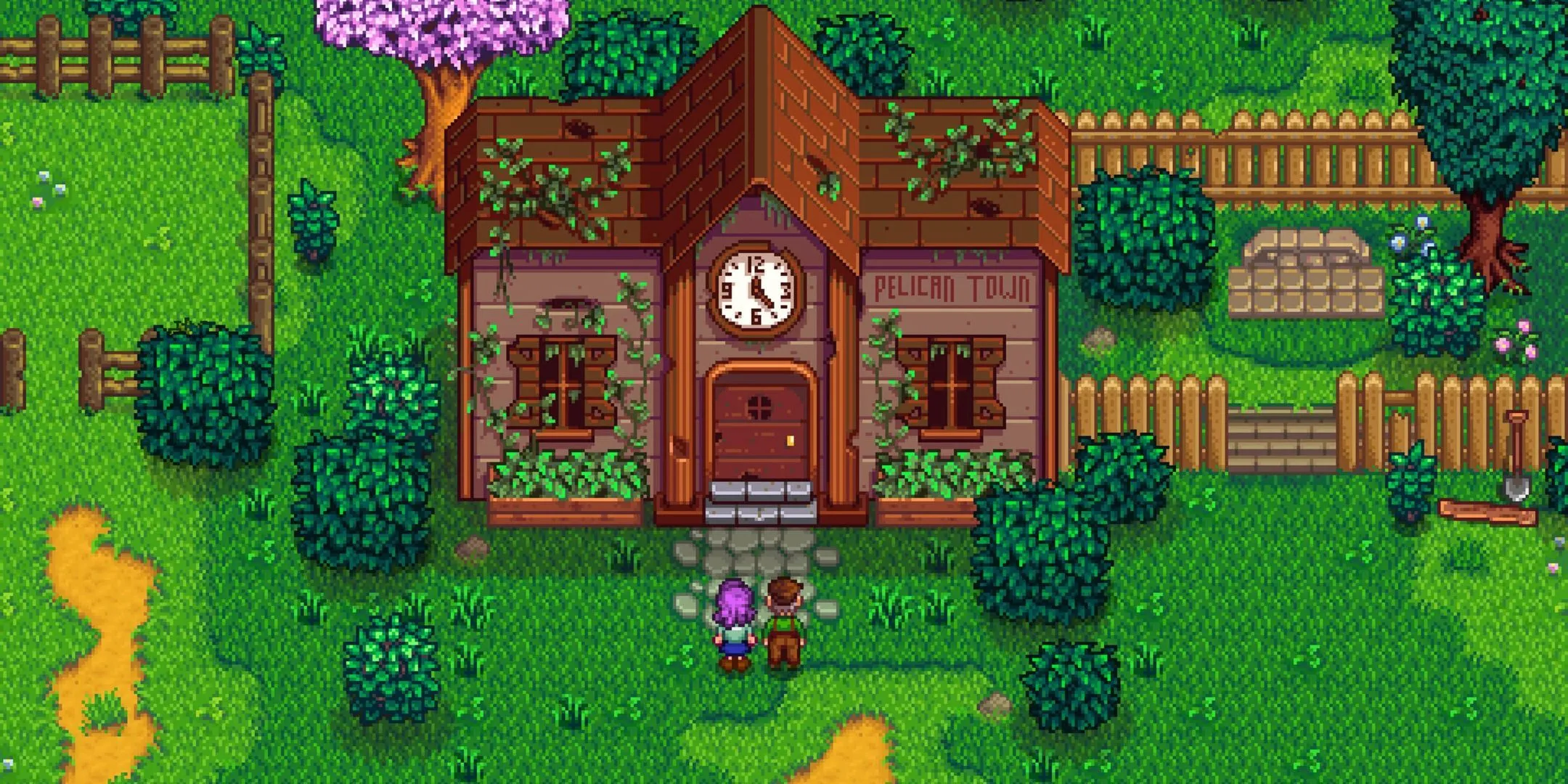Stardew Valley purple hair female farmer and mayor lewis looking at the community center Stardew Valley purple hair female farmer and mayor lewis looking at the community center