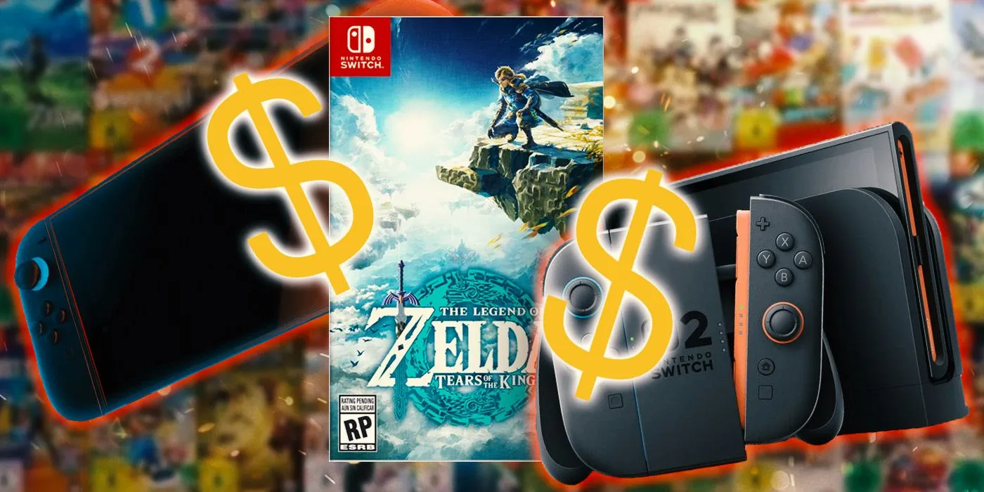 The Tears of the Kingdom Switch 2 box art with dollar signs around it and two Switch 2s. The Tears of the Kingdom Switch 2 box art with dollar signs around it and two Switch 2s.