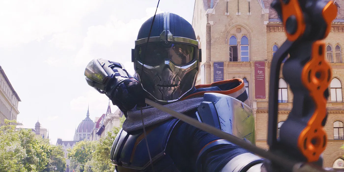 Taskmaster aiming bow and arrow in Black Widow Taskmaster aiming bow and arrow in Black Widow