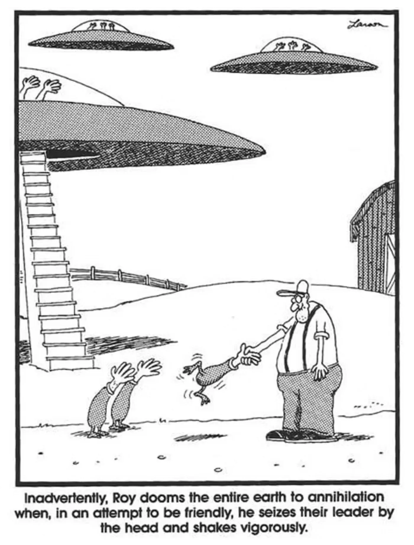 the far side roys shakes an alien's hand only to realize that's its head the far side roys shakes an alien's hand only to realize that's its head