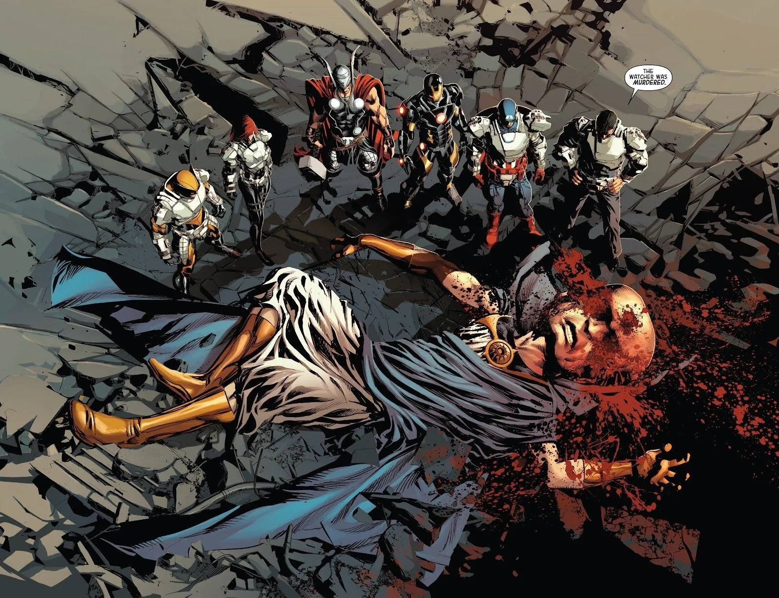The Avengers Stand Around the Watcher's Dead Body The Avengers Stand Around the Watcher's Dead Body
