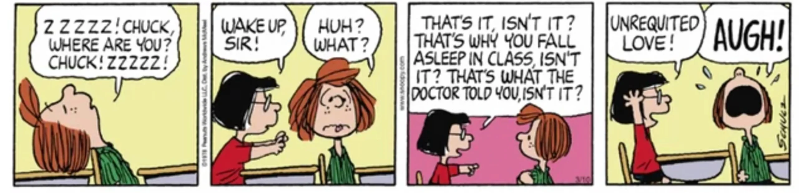 Marcie telling Peppermint Patty she can't sleep from unrequited love in class.