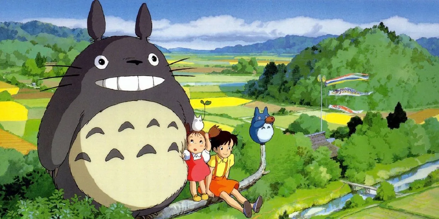 The iconic Totoro in the trees with Mei and Satsuki from My Neighbor Totoro