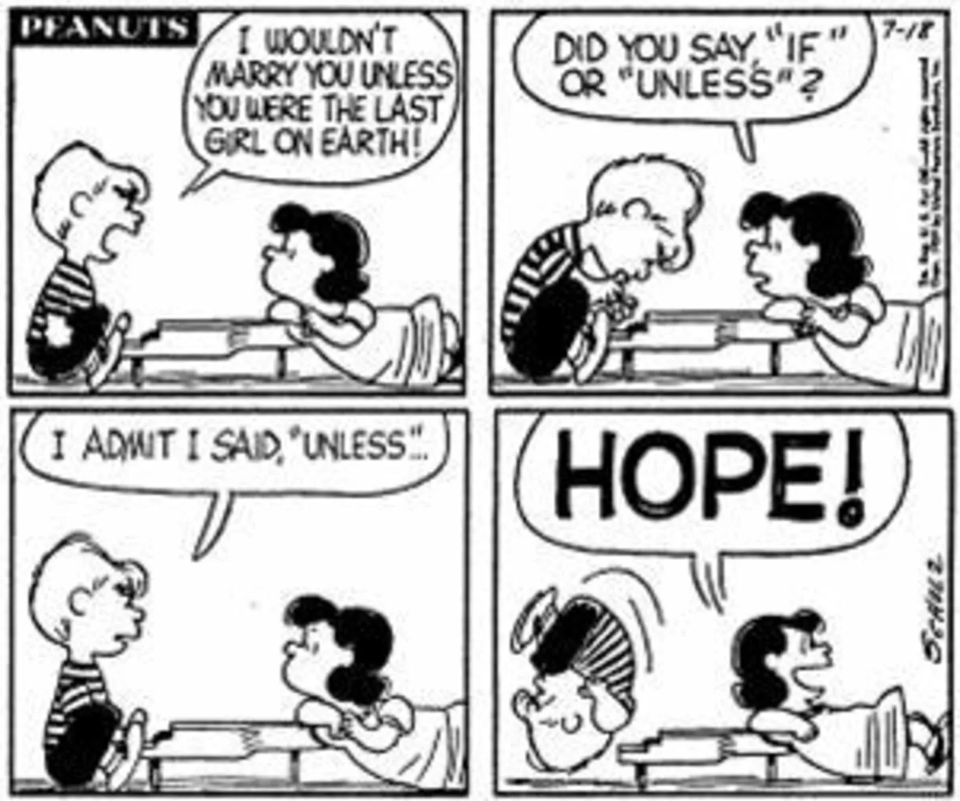 Peanuts, Lucy and Schroeder talking at his piano.