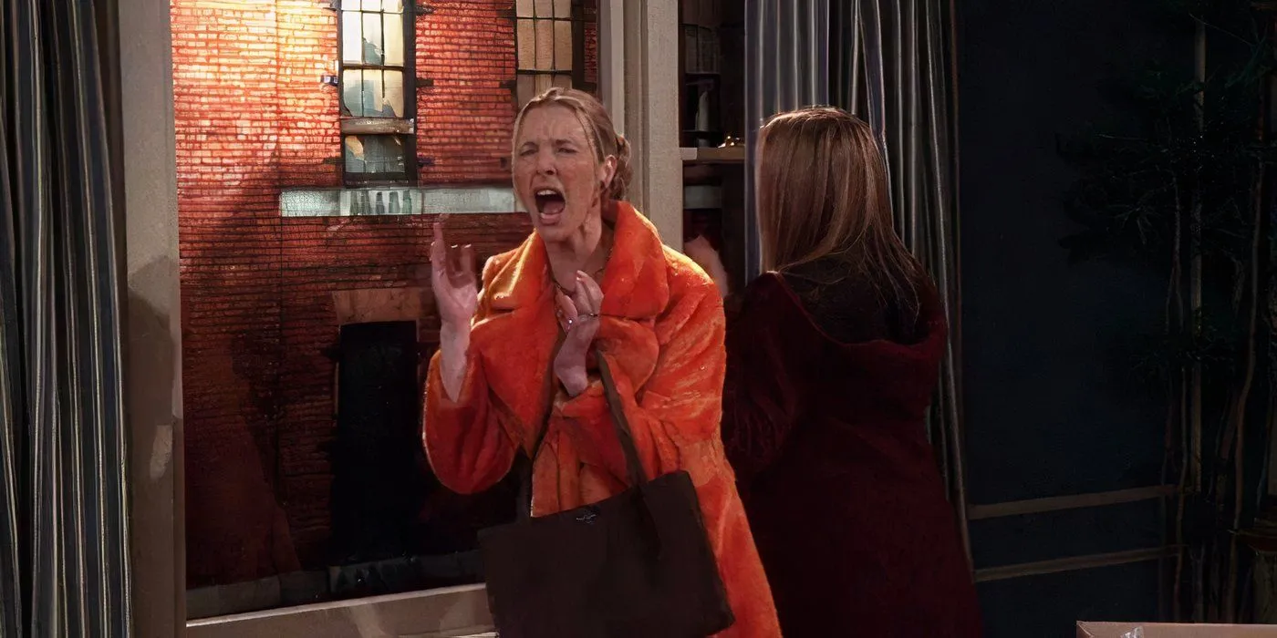 Rachel looking out of Ross' apartment window as Phoebe screams after seeing Monica and Chandler together in the Friends episode Rachel looking out of Ross' apartment window as Phoebe screams after seeing Monica and Chandler together in the Friends episode