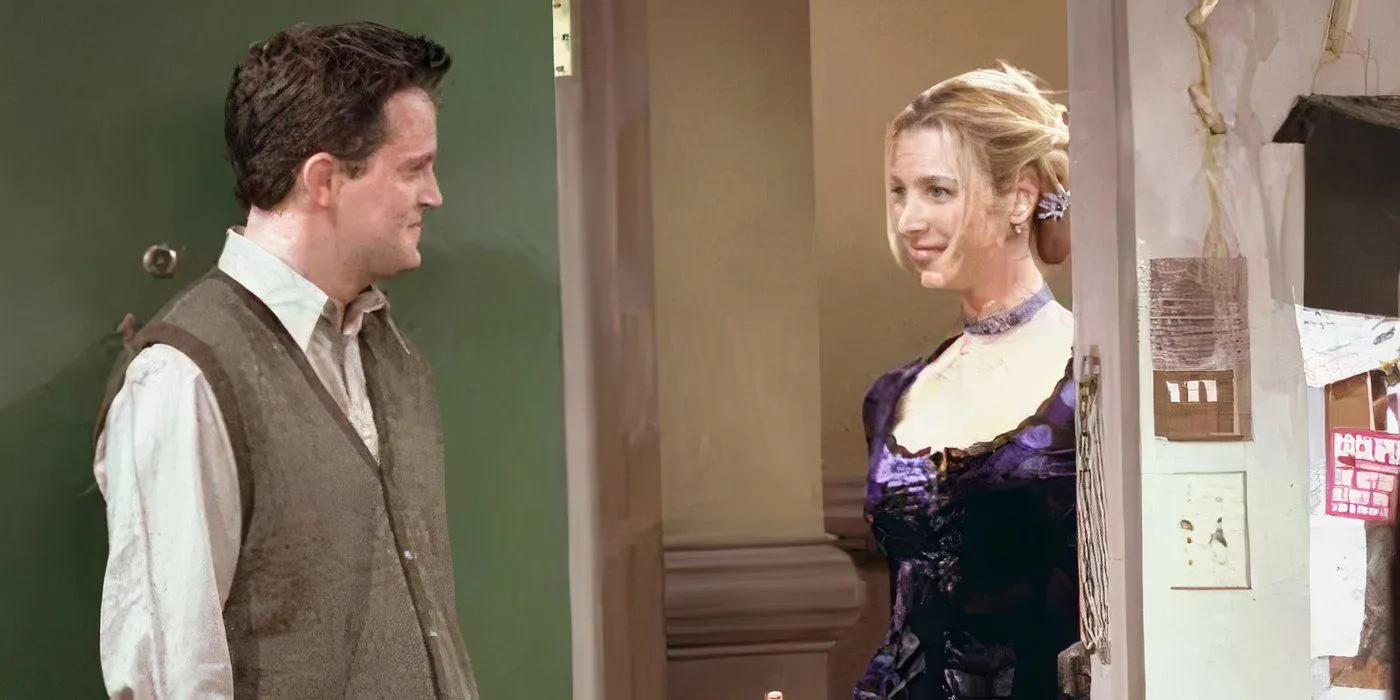 Chandler letting Phoebe into his apartment and smiling in the Friends season 5 episode Chandler letting Phoebe into his apartment and smiling in the Friends season 5 episode