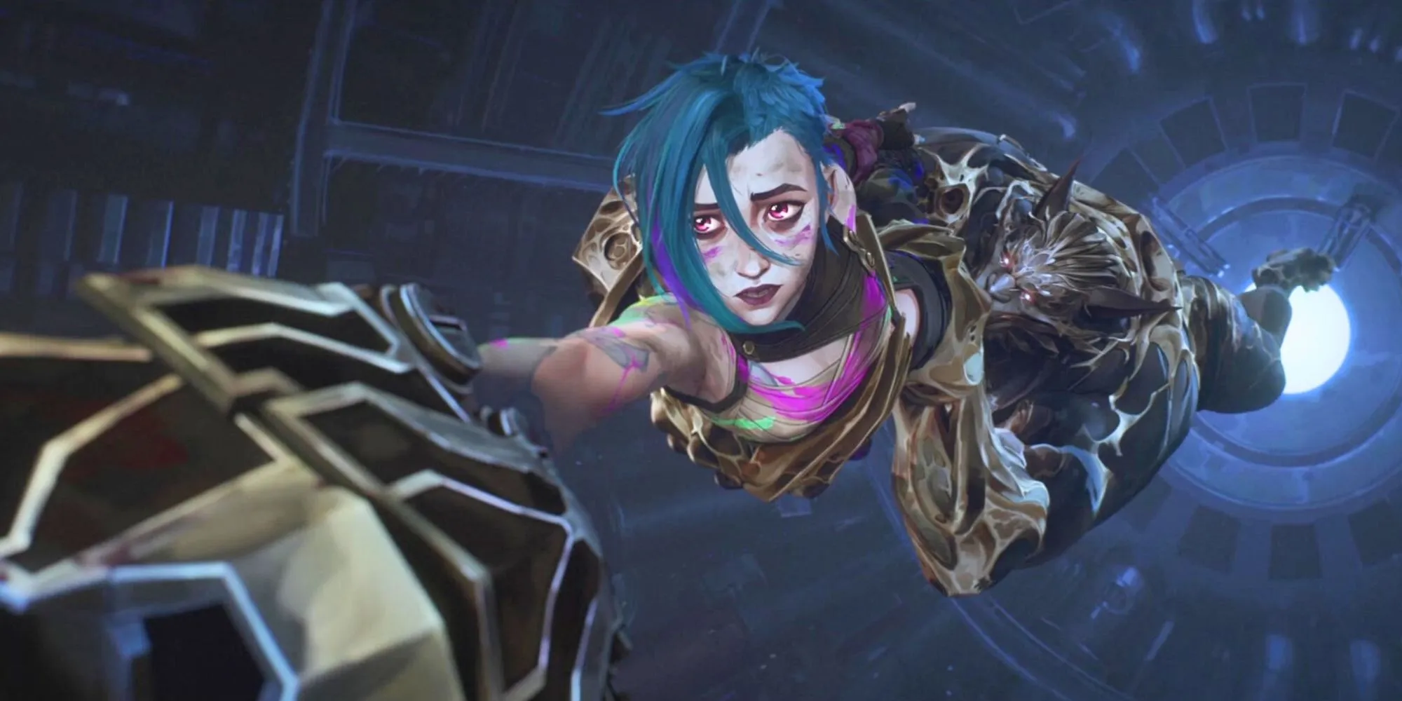 Jinx hanging over a pit with Warwick hanging from her legs Jinx hanging over a pit with Warwick hanging from her legs