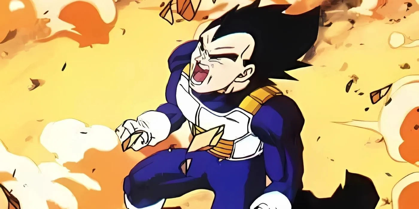 Vegeta grieves Trunks' death, charging at Cell Vegeta grieves Trunks' death, charging at Cell