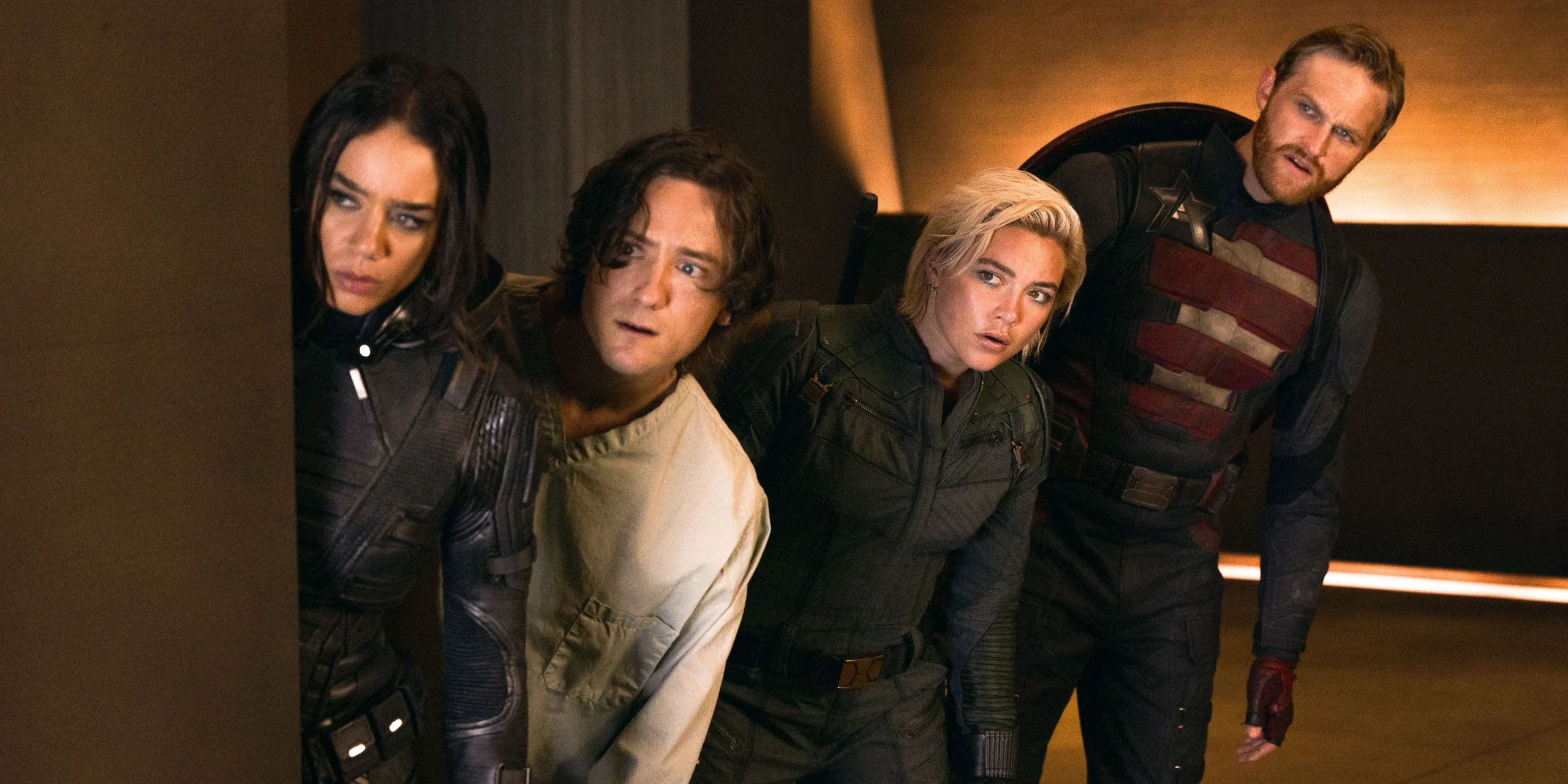 Yelena Belova, Bob, Ghost, and John Walker peek behind a wall in Thunderbolts